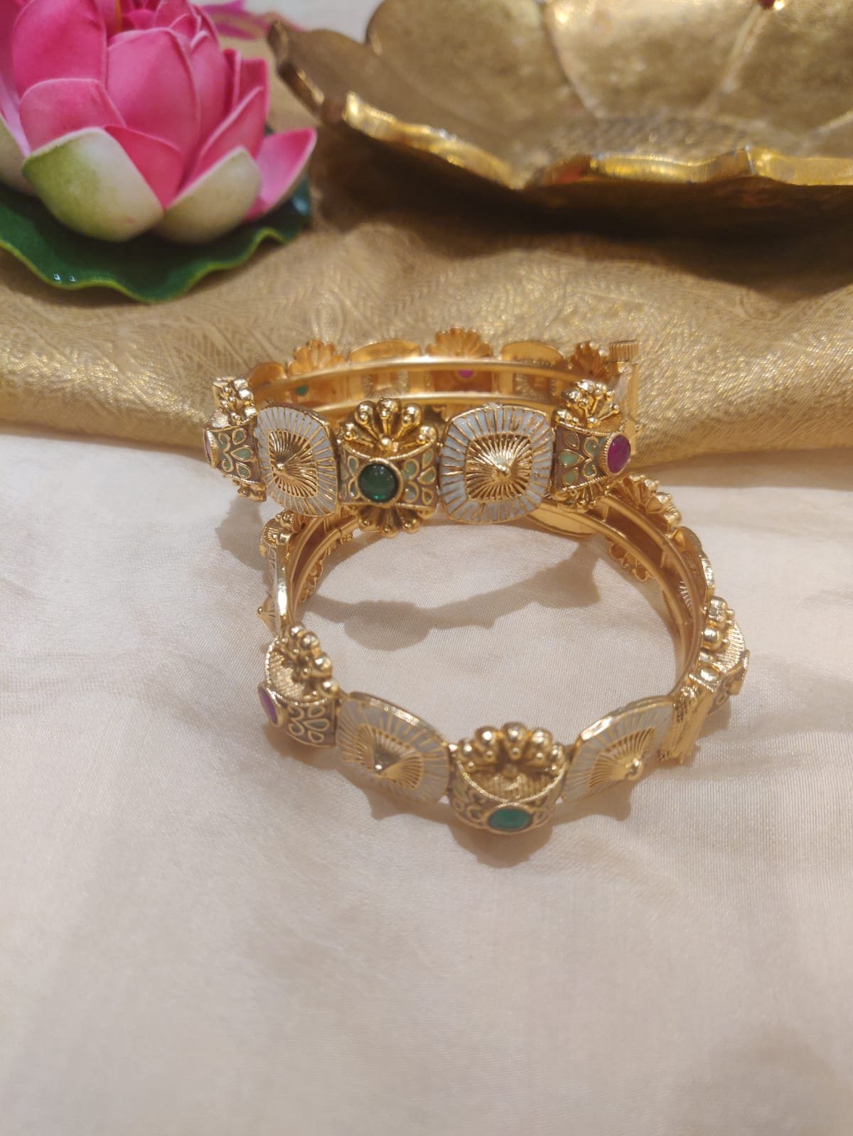 Opulent bridal floral red green bangles set of 2