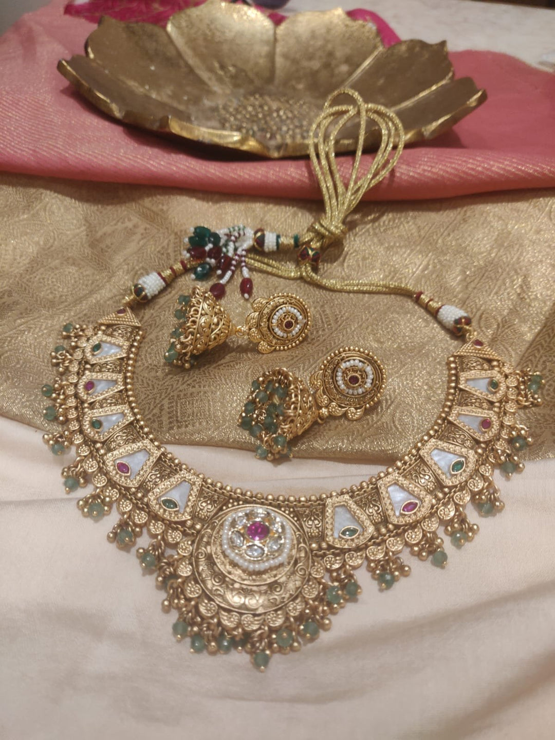 Poised Bridal Choker With Light Green and golden Beads