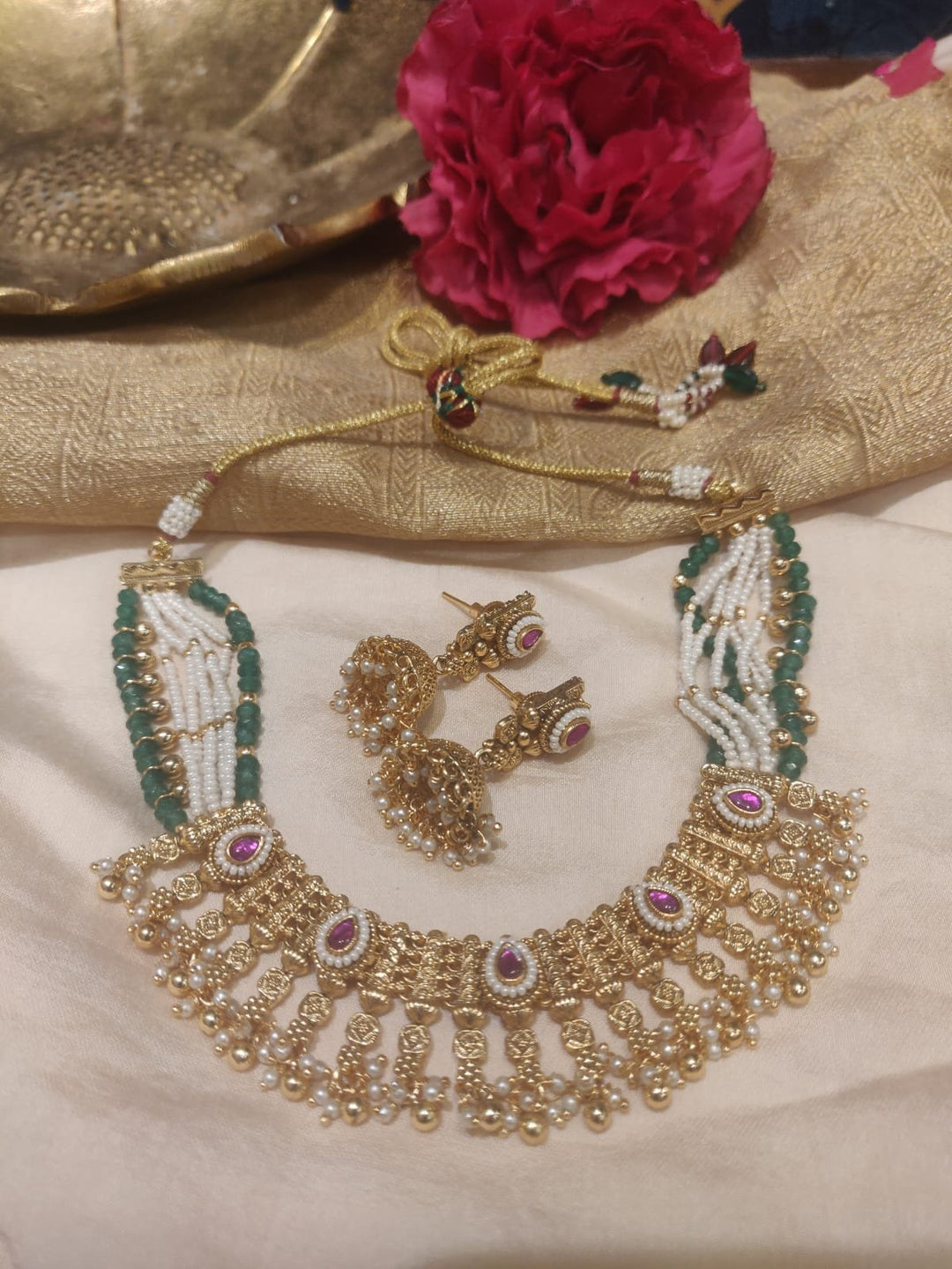 Jubilant Bridal Choker Ruby Stone White Green Mala