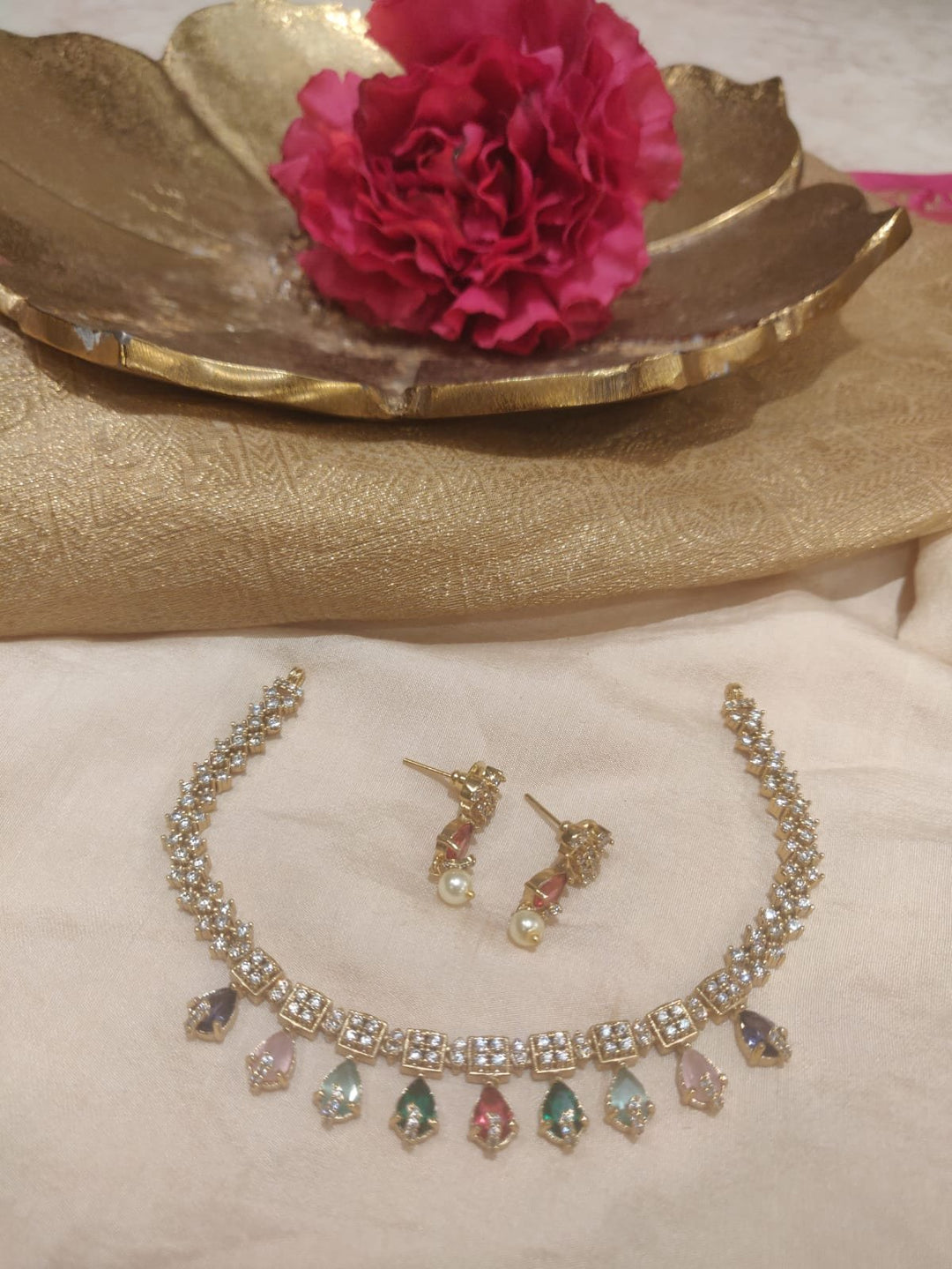 Ethereal Cystal Ad Necklace With Multicolour Ad Stone Beads