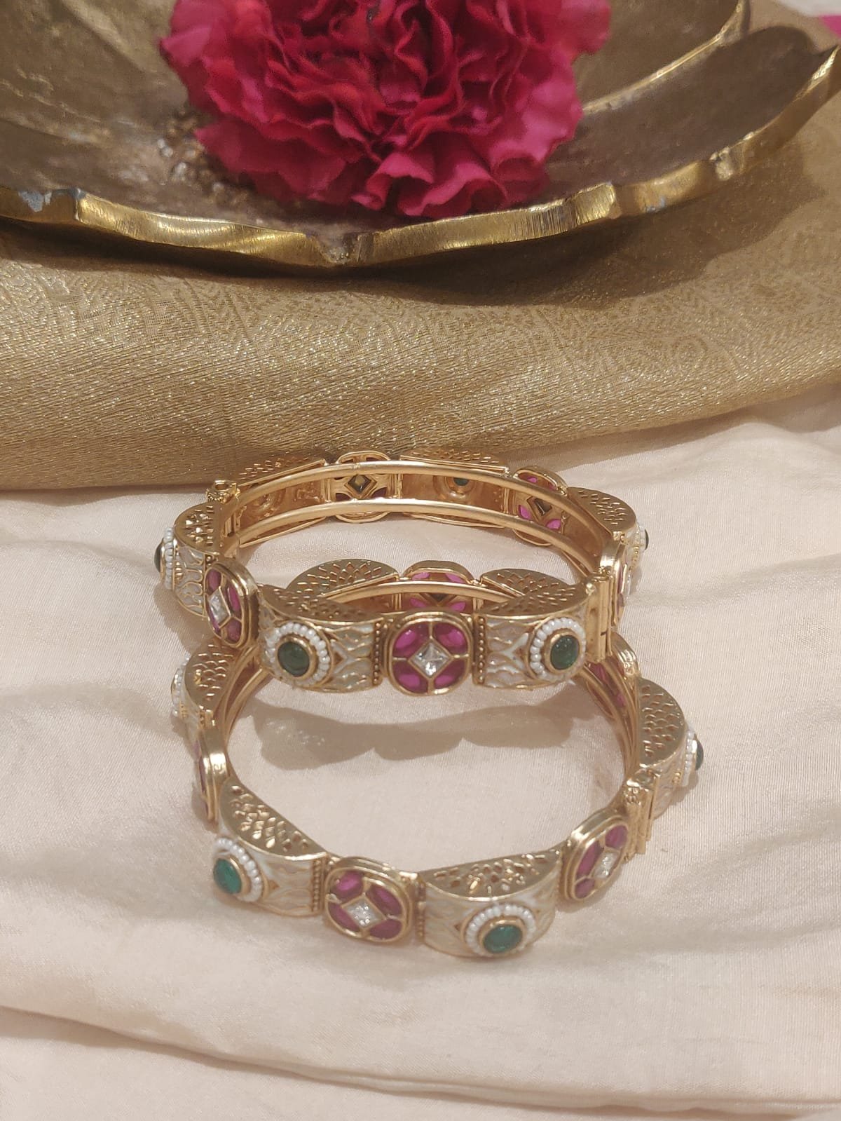Iconic bridal green red stone bangles set of 2