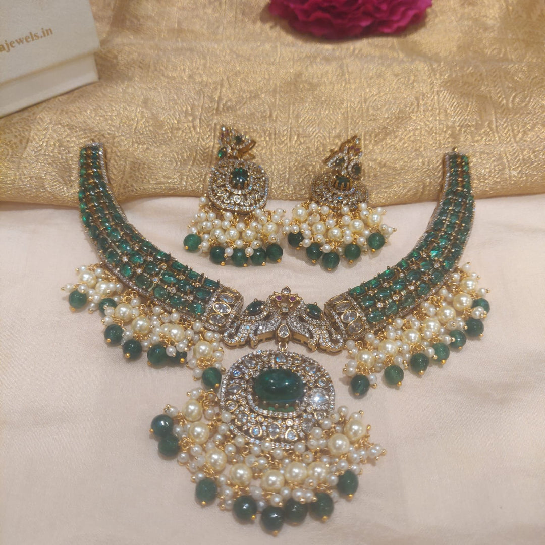 Timeless Green Ad Stone Peacock Choker With Green White Beads
