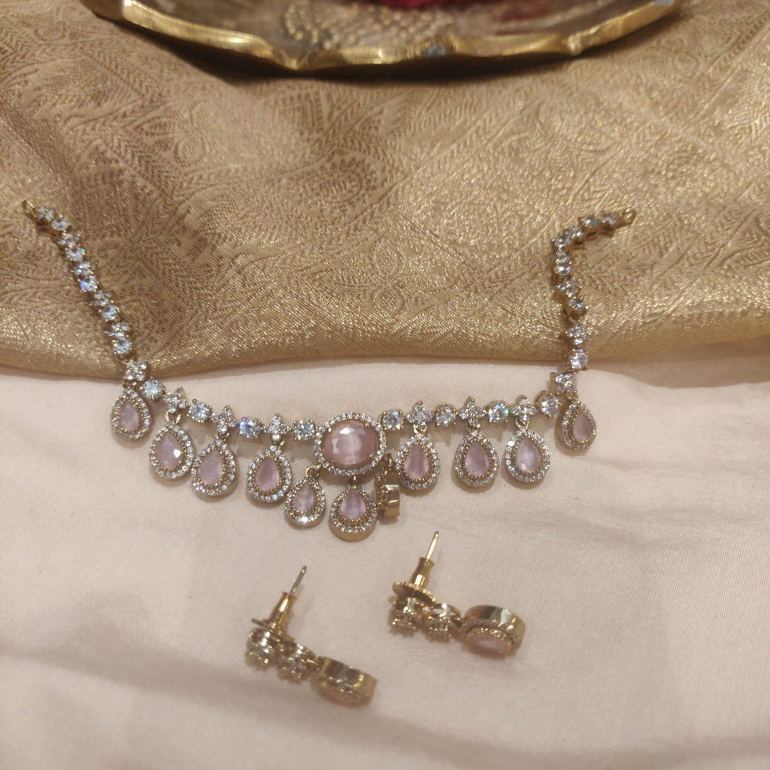 Sparkling Crystal AD Stone Droplet Necklace with Pink Ad Stone