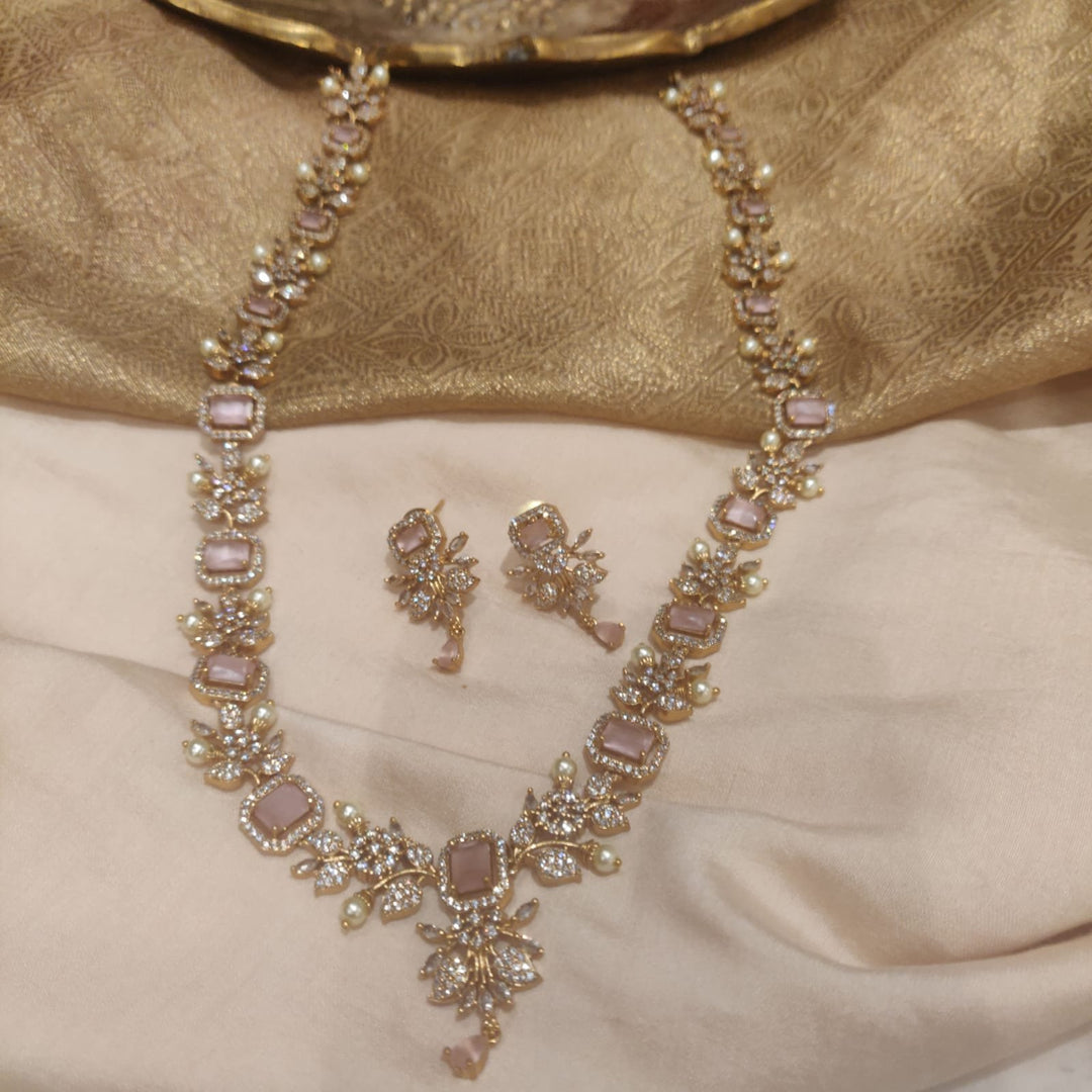 Grand Floral Long Necklace with Pink Ad Stone