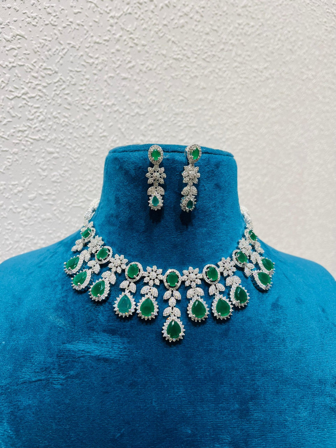 Refined CZ Droplet Floral Choker With Green Ad Stone