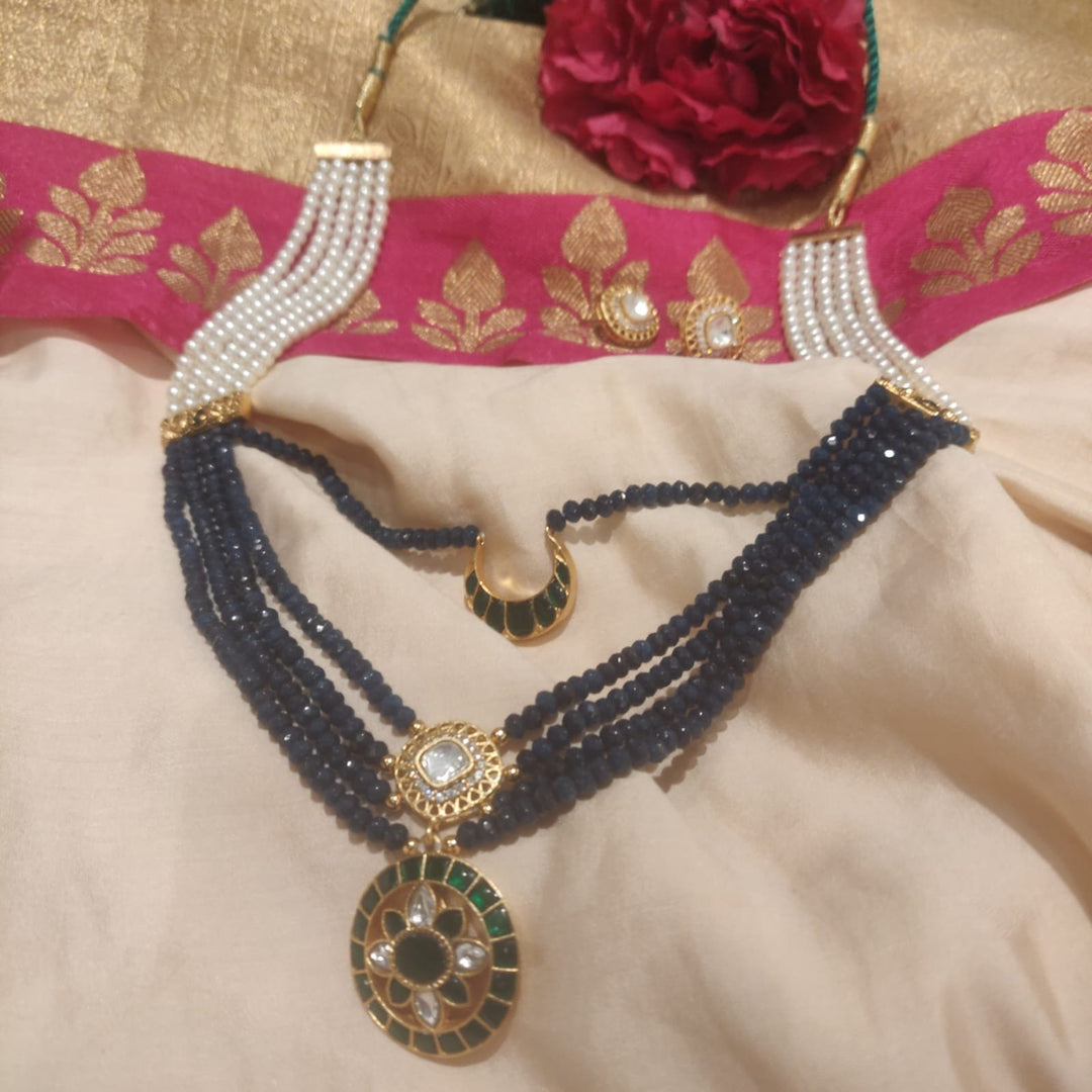 Elegant Lustrous blue moti with pearls and half moon with sun bridal haar