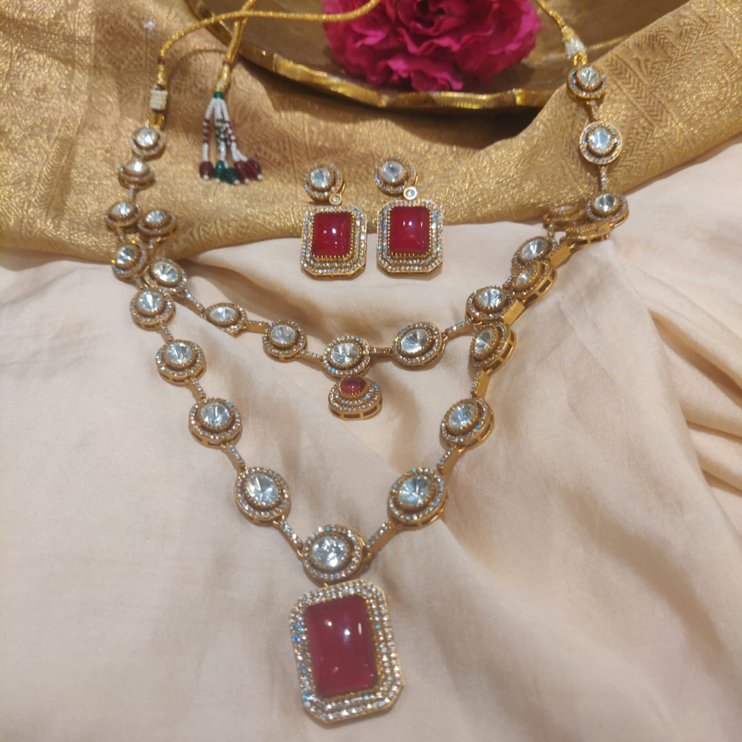 Dazzling red blood stone with ad stone golden necklace