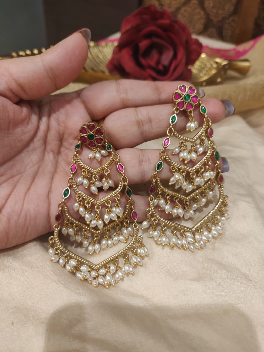 Opulent Floral Ruby Stone Droplet Layered Earrings with White Pearls