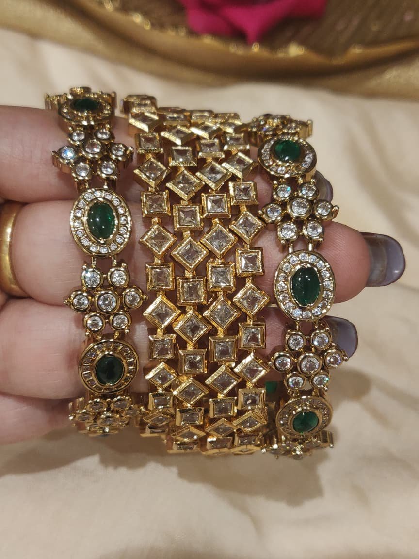 Unique floral green crystal stone bangles combo