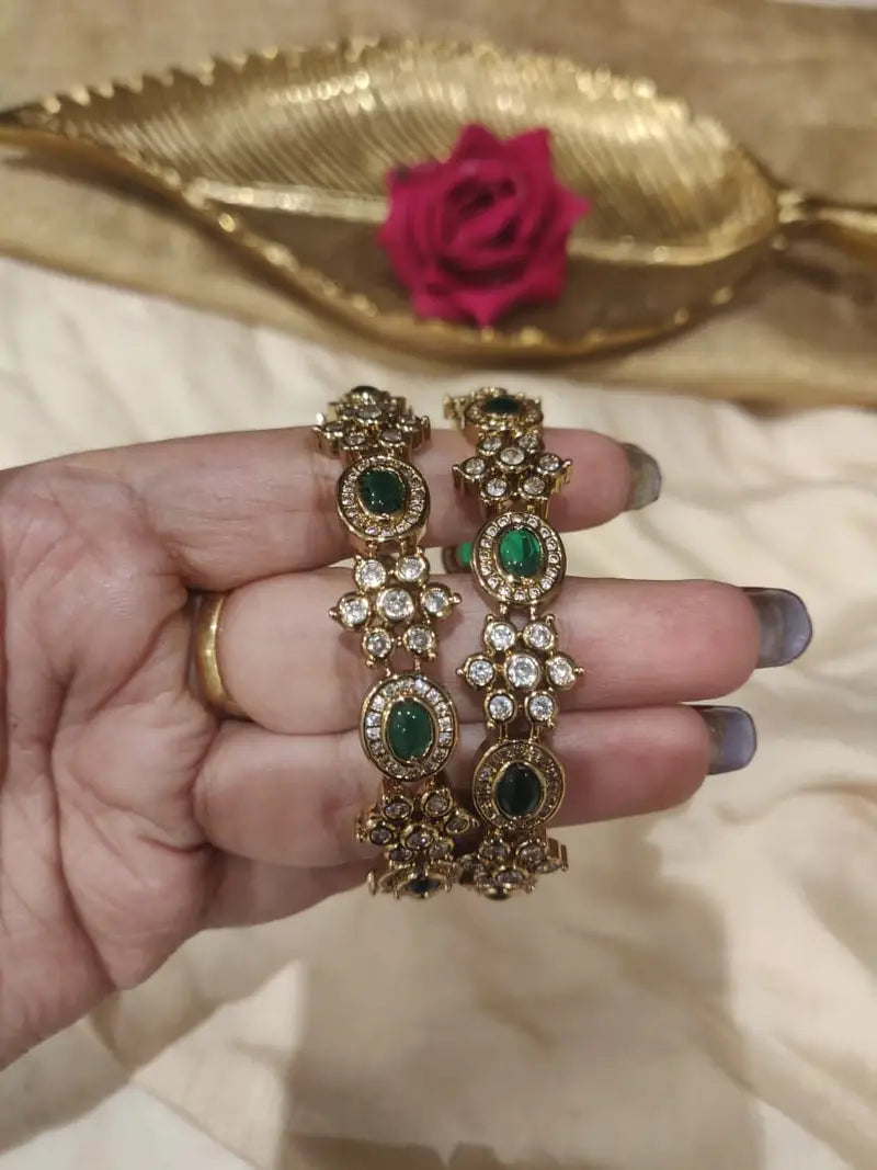 Delicate floral green ad stone bangle set of 2