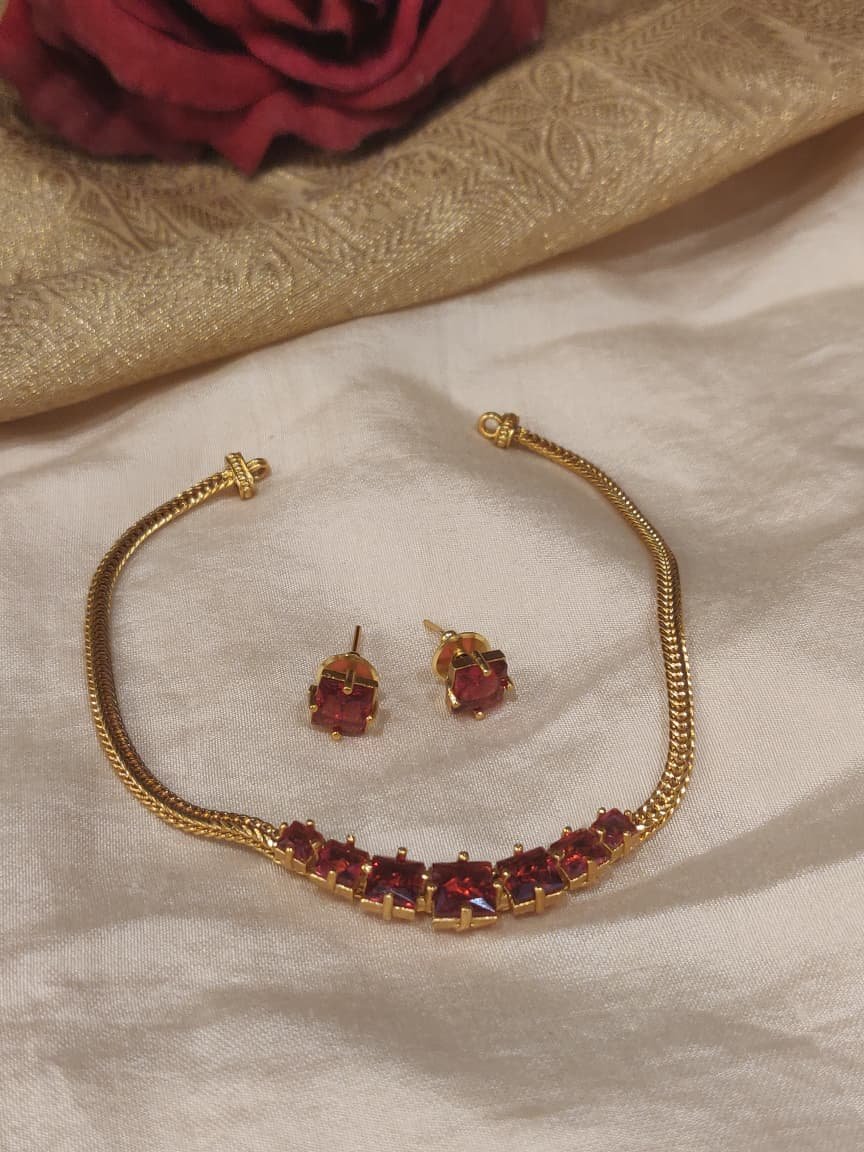 Sparkling Ruby AD Stone Goden Necklace