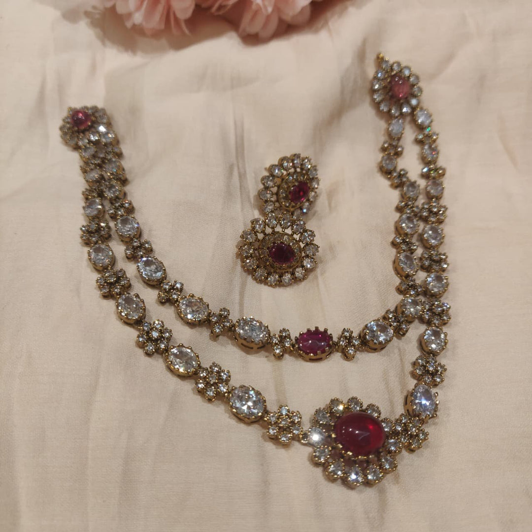 Elegant 2 Layer Floral AD Stone Necklace