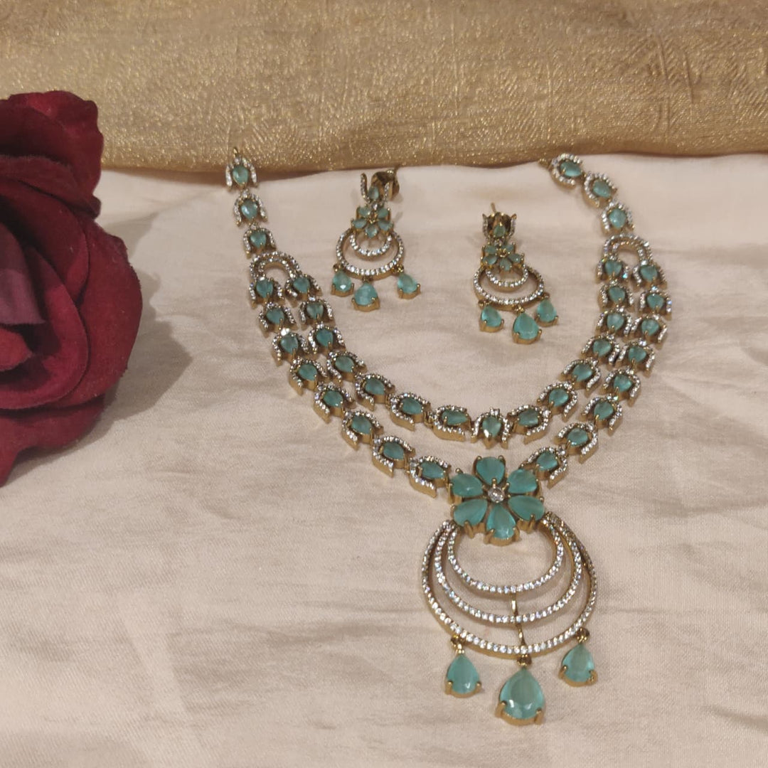 Enchanting Mint AD Stone Floral 2 Layer Necklace