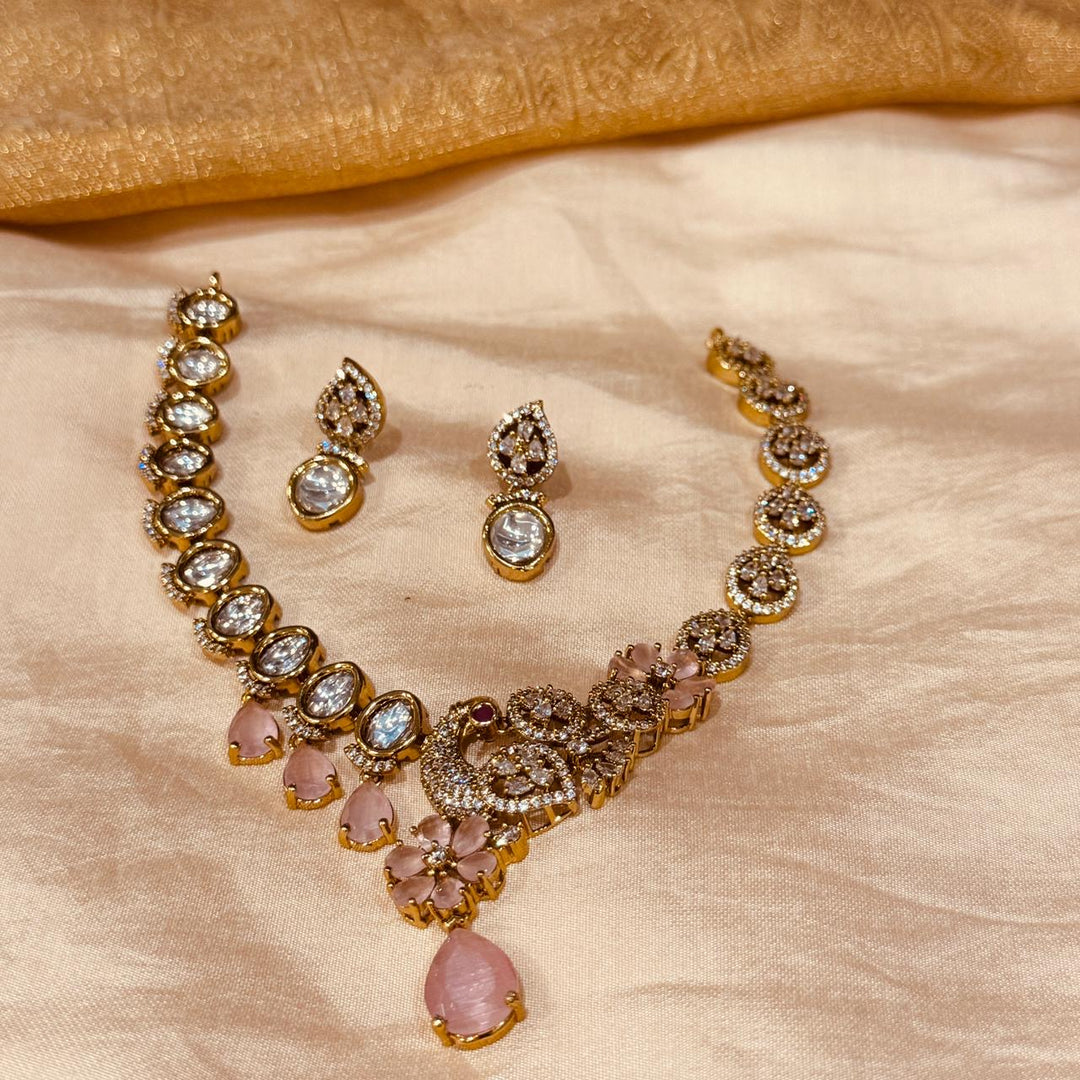 Grand Crystal Pink AD Stone Peacock Necklace