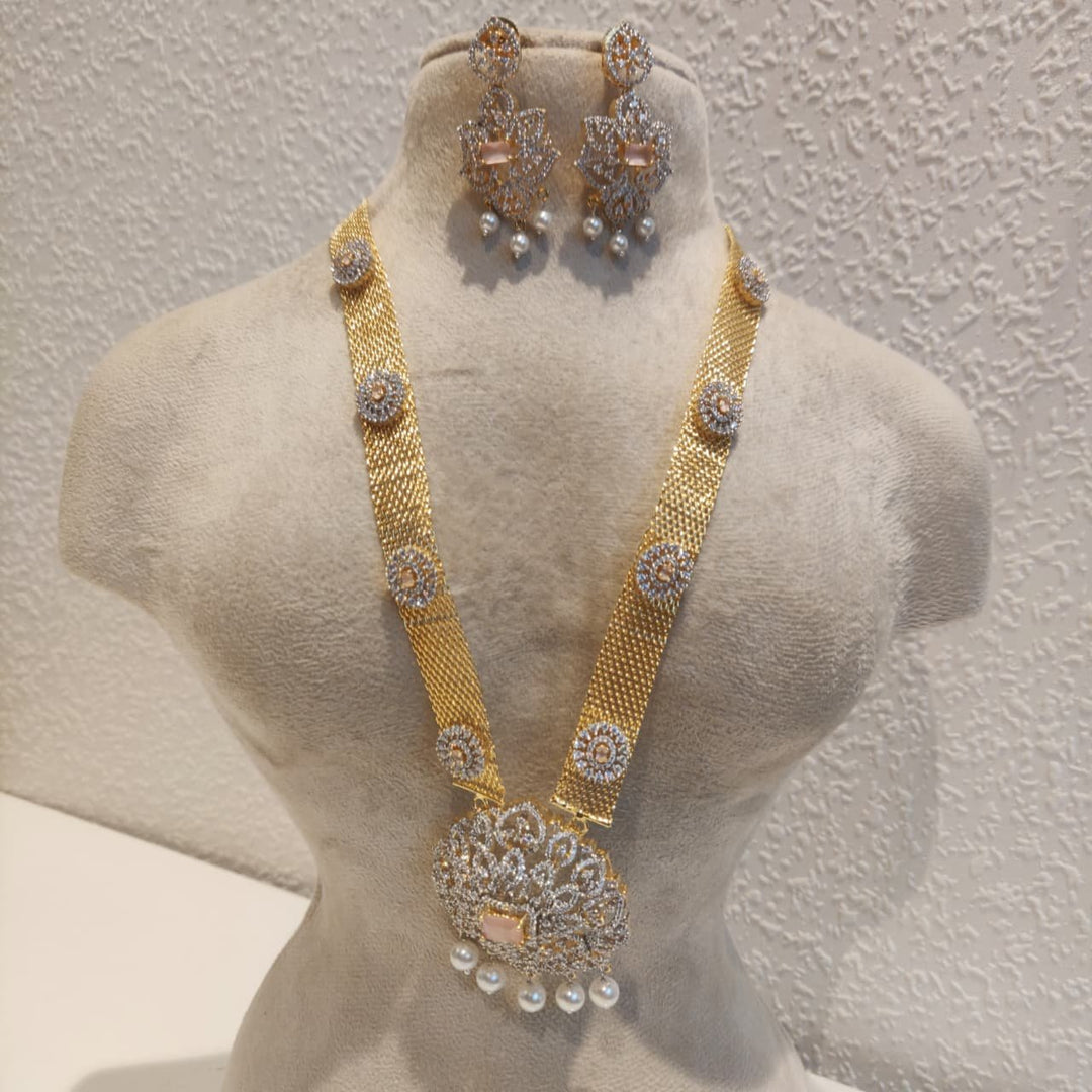 Mesmerizing CZ Golden Necklace With Pink Ad Stone