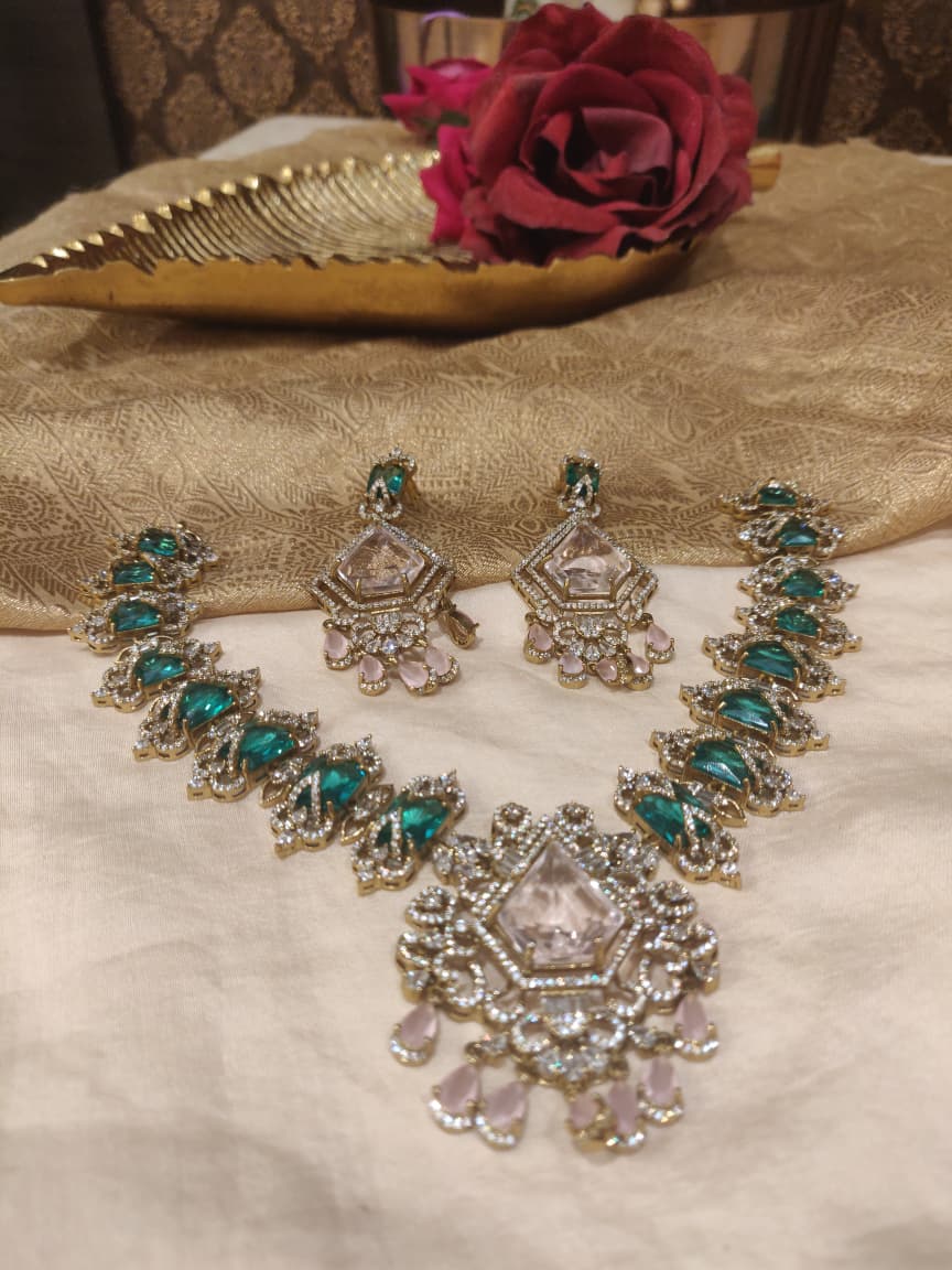 Grand Pink Mint AD Stone Dropet Necklace