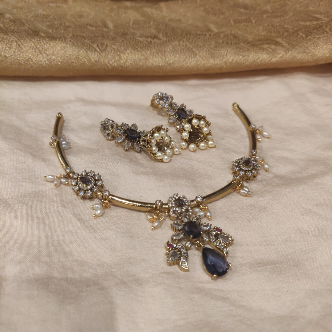 Whimisical Purple AD Stone Floral Pipe Necklace