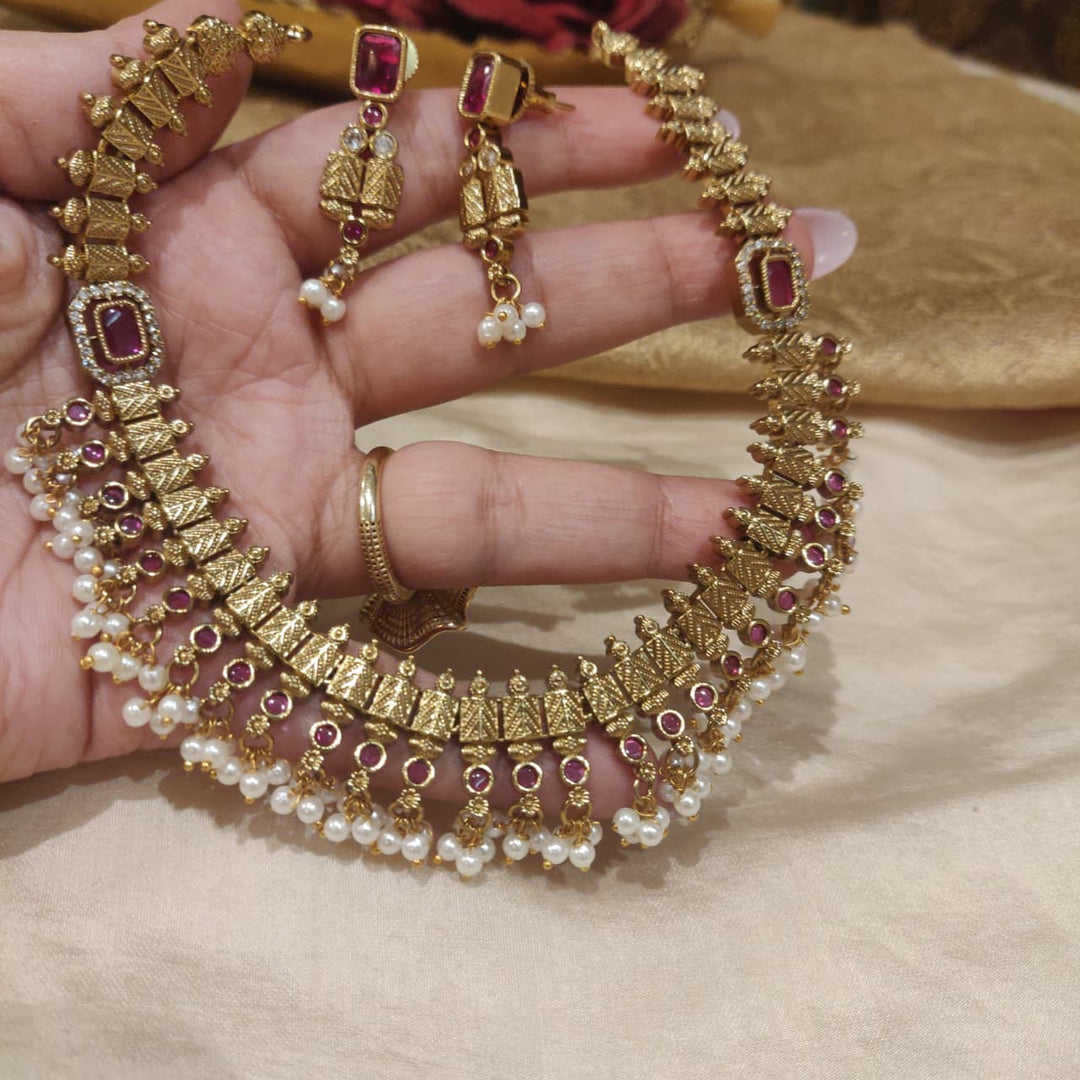 Sought Golden Droplet Ruby Stone Choker with White Beads