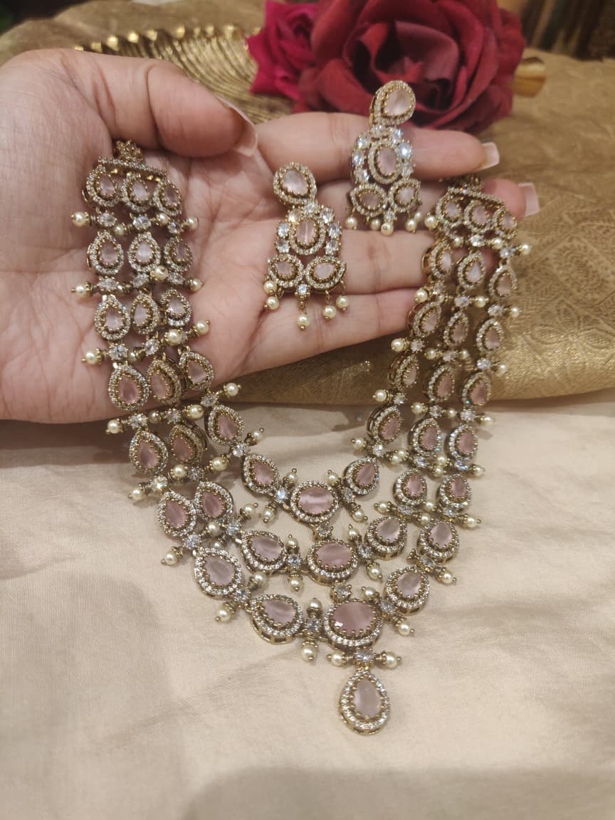 Fashionable Pink Stone 3 Layer Necklace
