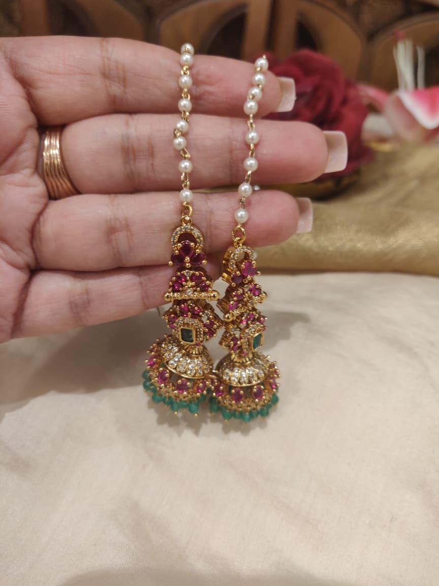 Graceful White Pearls Long Jhumka with Green beads