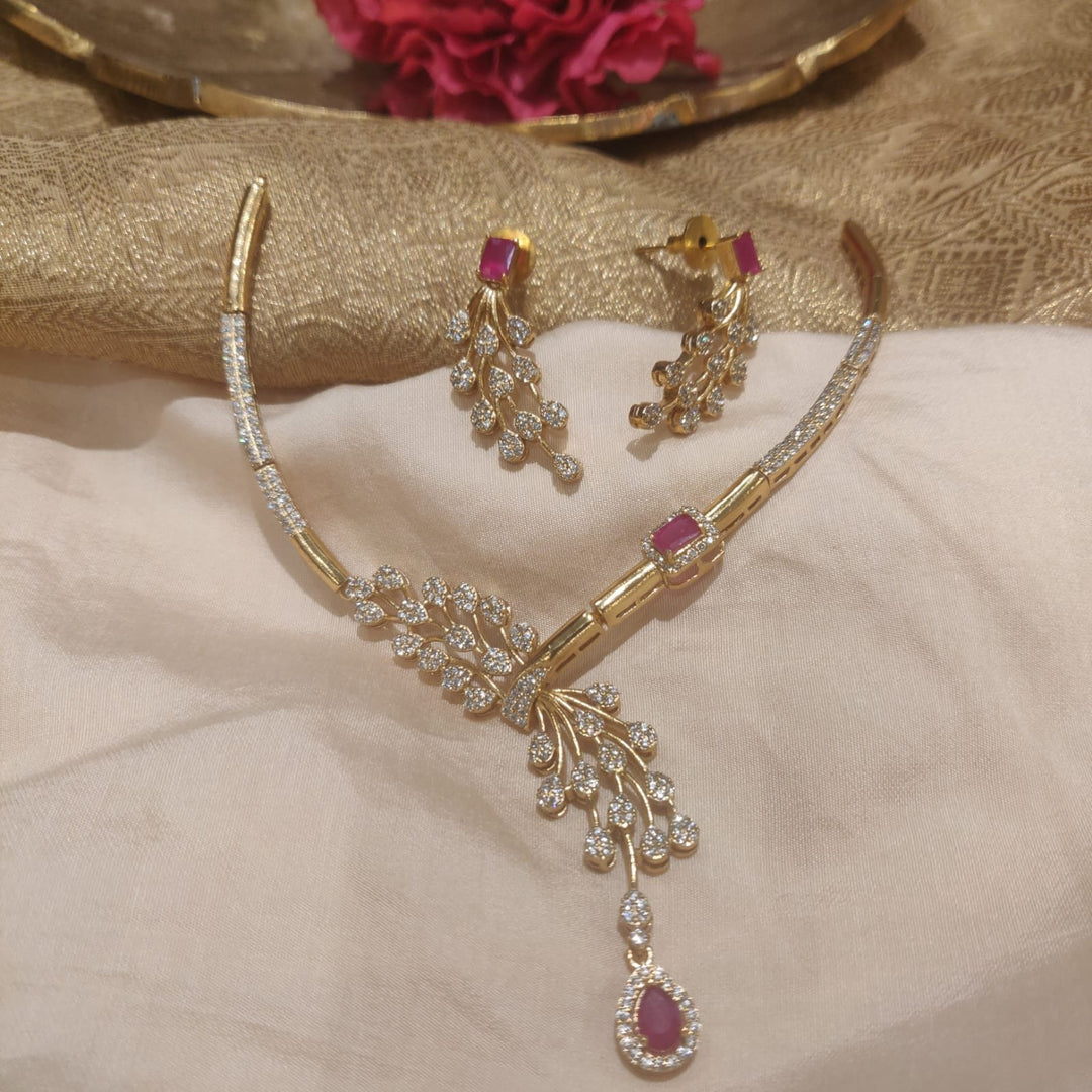 Elegant leaf design with ruby stone golden necklace