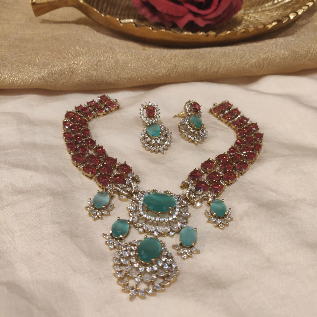 Glamorous 3 Layered Ruby AD Stone Necklace with Mint AD Droplets