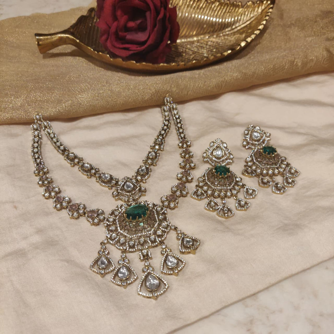 Radiant Kundan Stone 2 Layer Neckalce with Green AD Stone
