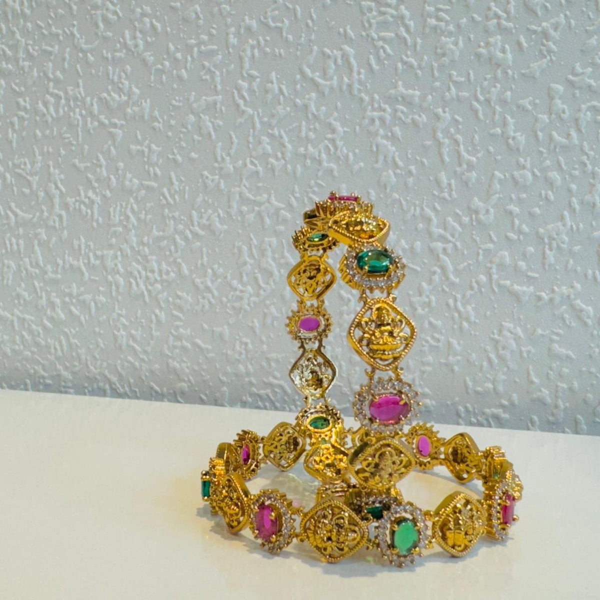 Fashionable ruby green stone lakshmi bangles