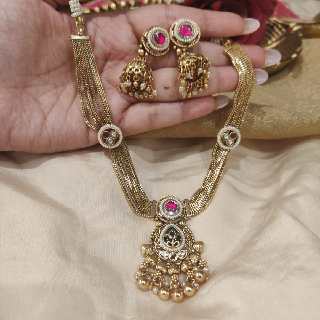 Alluring Multilayer Golden Floral Chain with Golden Beads
