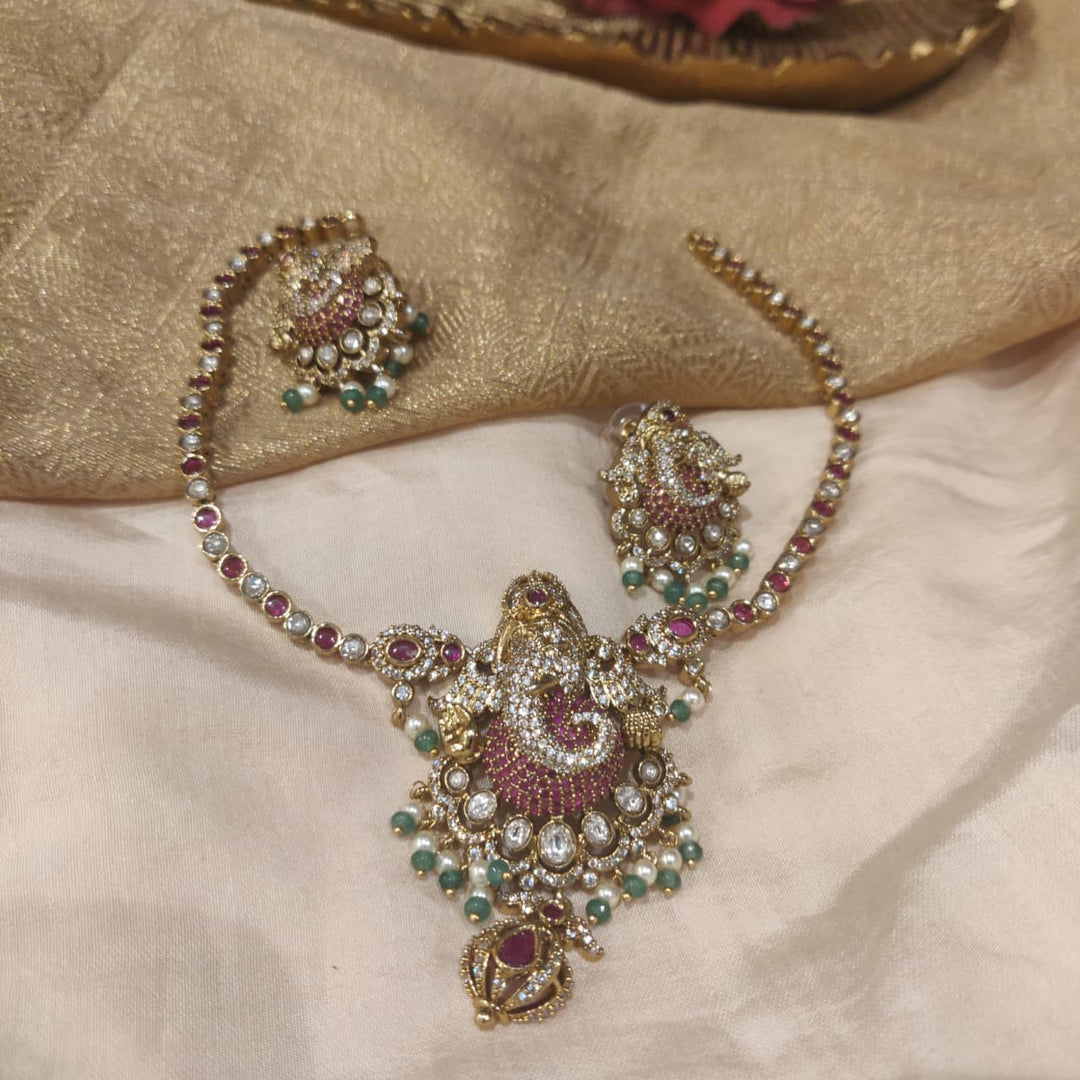 Regal Crystal Ruby AD Stone Necklace with Green Beads