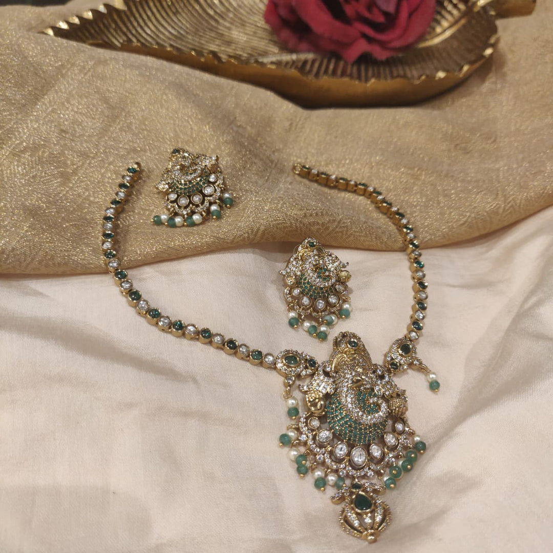 Unique Crystal Green AD Stone Necklace with Green Beads