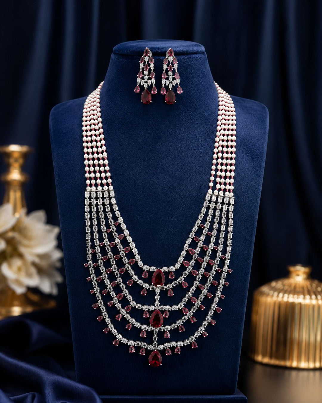 Glamorous Multilayer White Pearls CZ Necklace with Light Ruby AD Stone