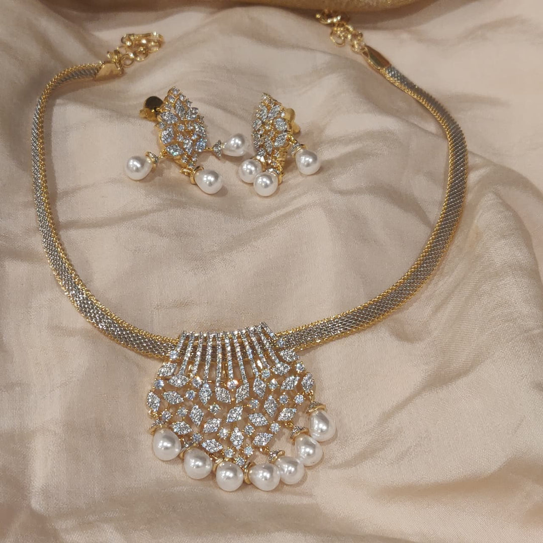 Lustrous Golden CZ Droplet Necklace with White Pearls