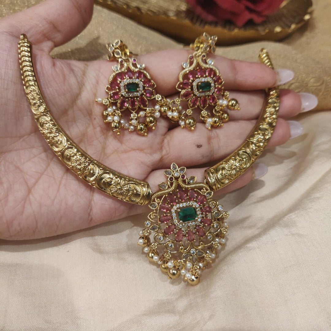 Dazzling Ruby Green AD Stone Golden Necklace