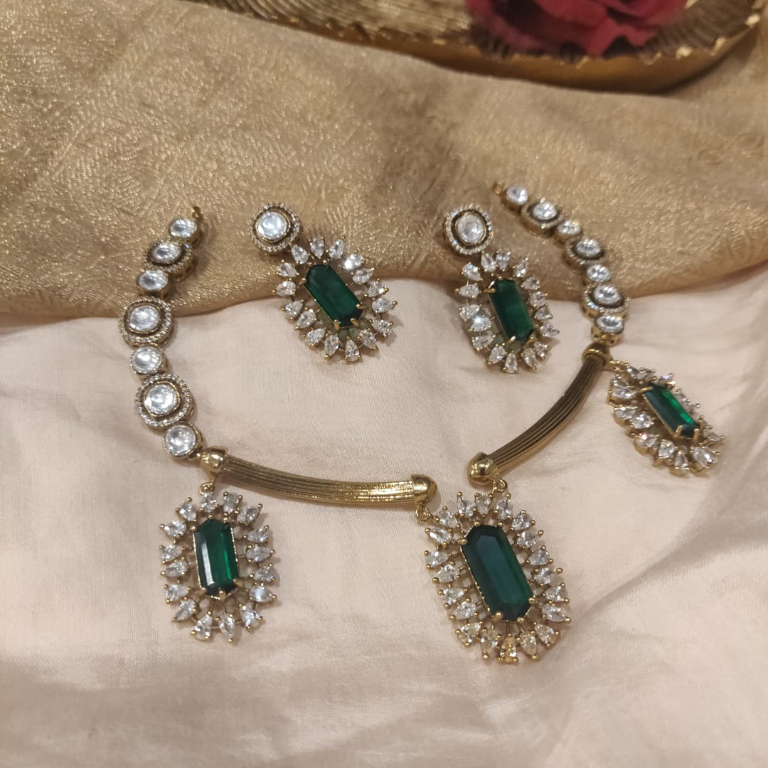 Regal Crystral Golden Necklace with Green Stone