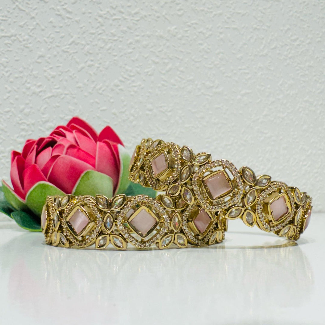 Radiant pink rose stone leaf design golden kada bangels