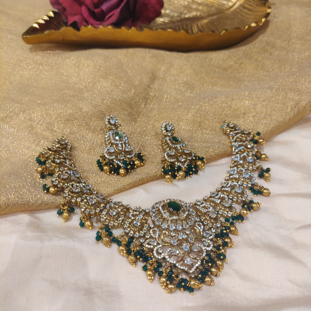 Alluring AD Stone Choker with Green Gold Beads