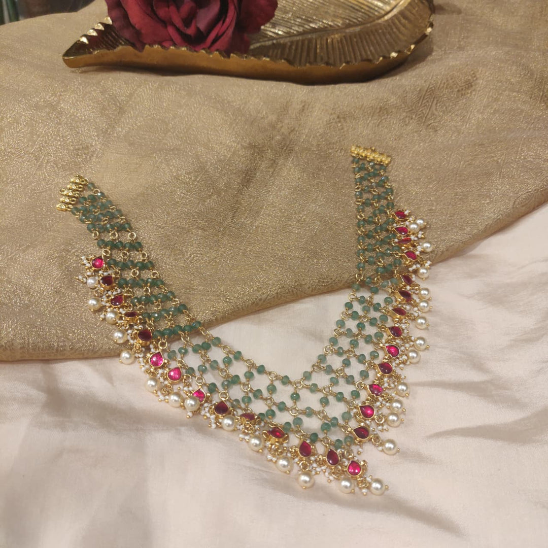 Majestic Lightgreen Stone handcrafted Necklace With White Beads