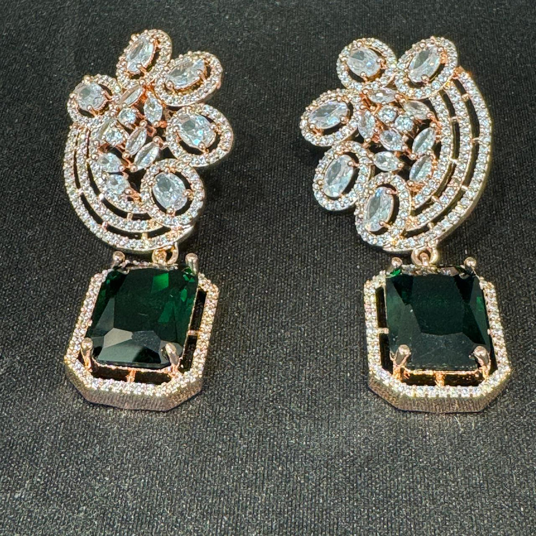Opulent Rosegold Floral Earring with Green AD Stone