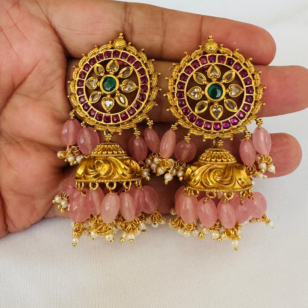 Brilliant Floral Golden Jhumka with pink beads