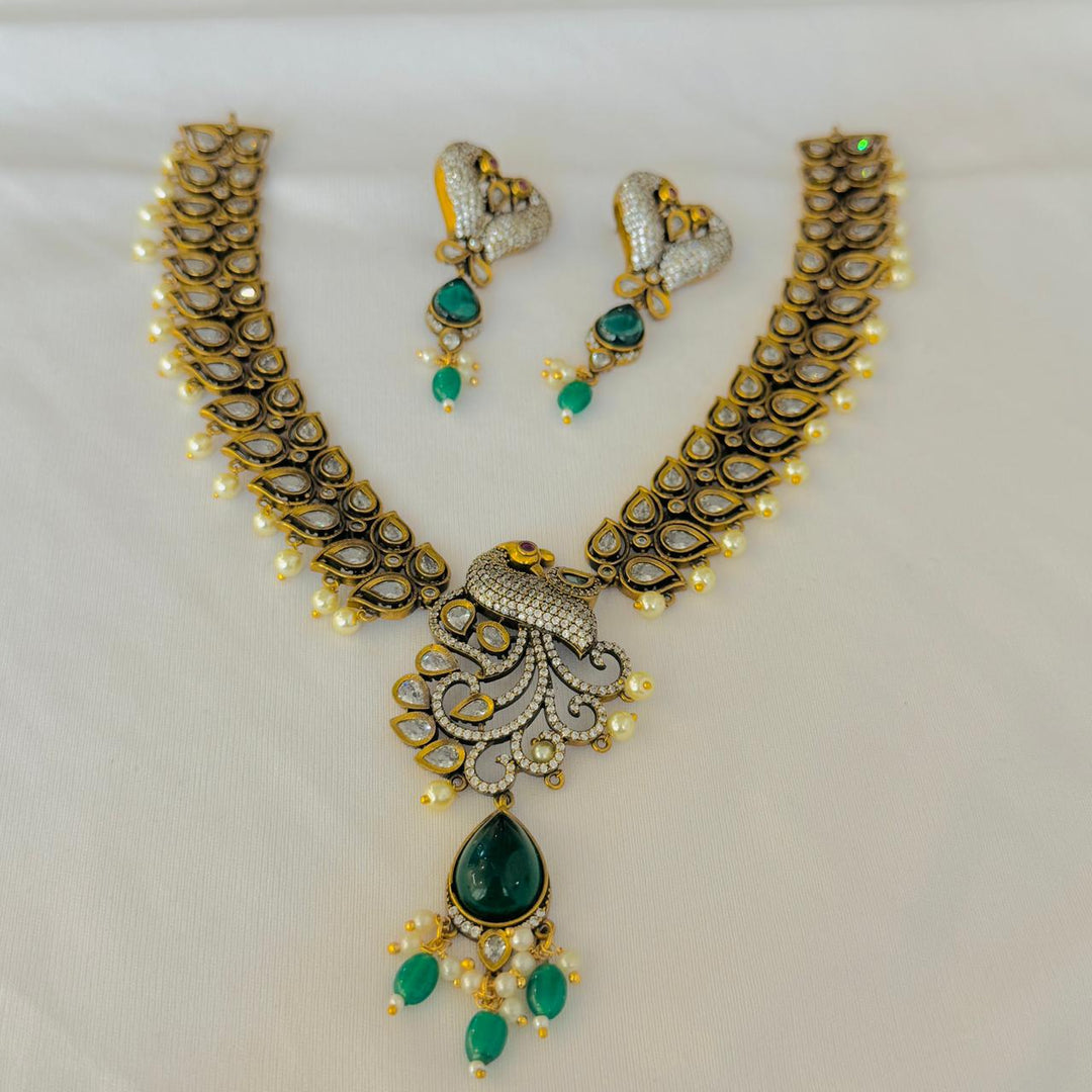 Regal Crystal AD Stone Peacock Necklace with Green Beads