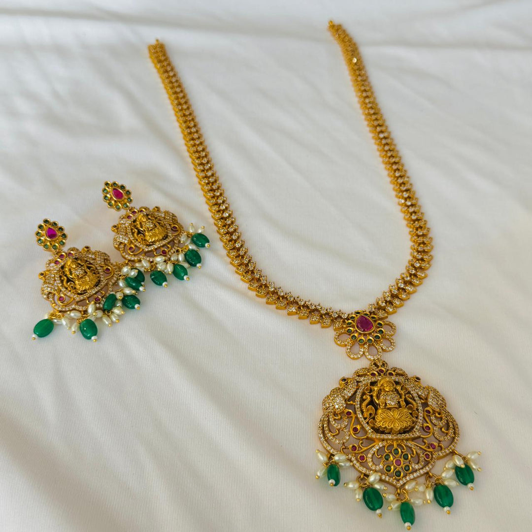 Unique Long Golden Floral Temple Necklace with Green Beads