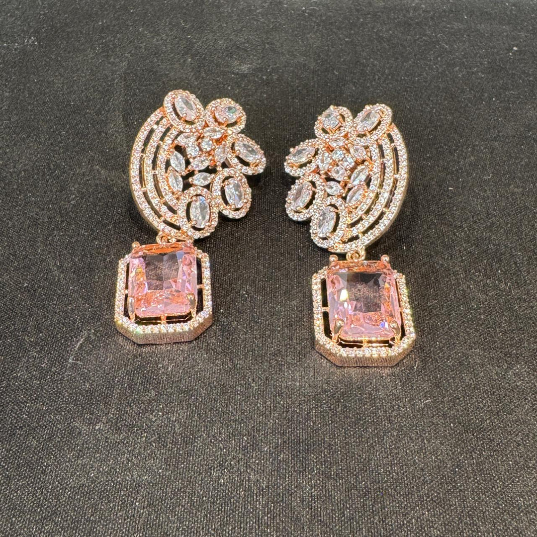 Opulent Rosegold Floral Earring with Pink AD Stone