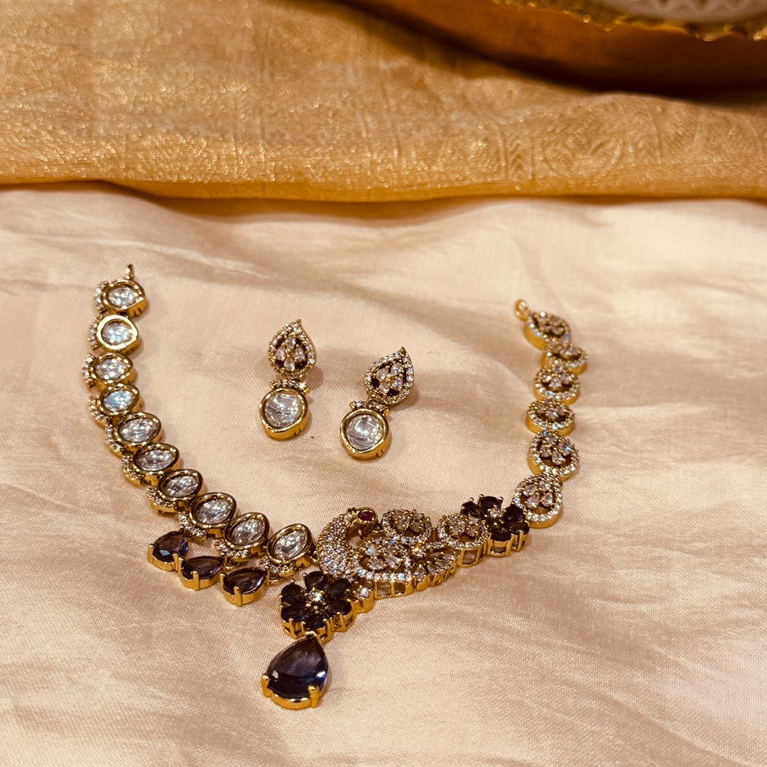 Grand Crystal Purple AD Stone Peacock Necklace