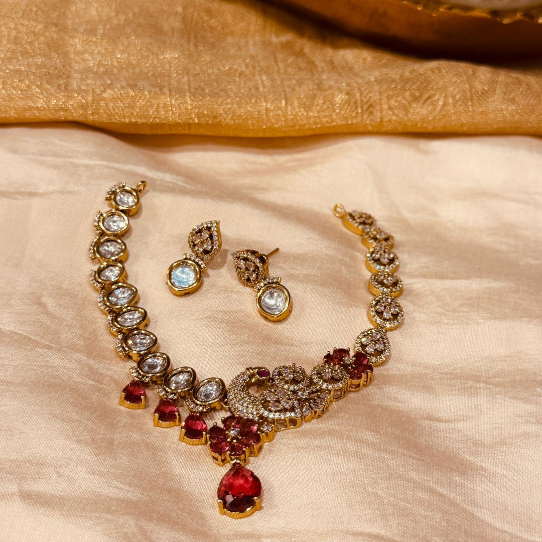 Grand Crystal Ruby AD Stone Peacock Necklace