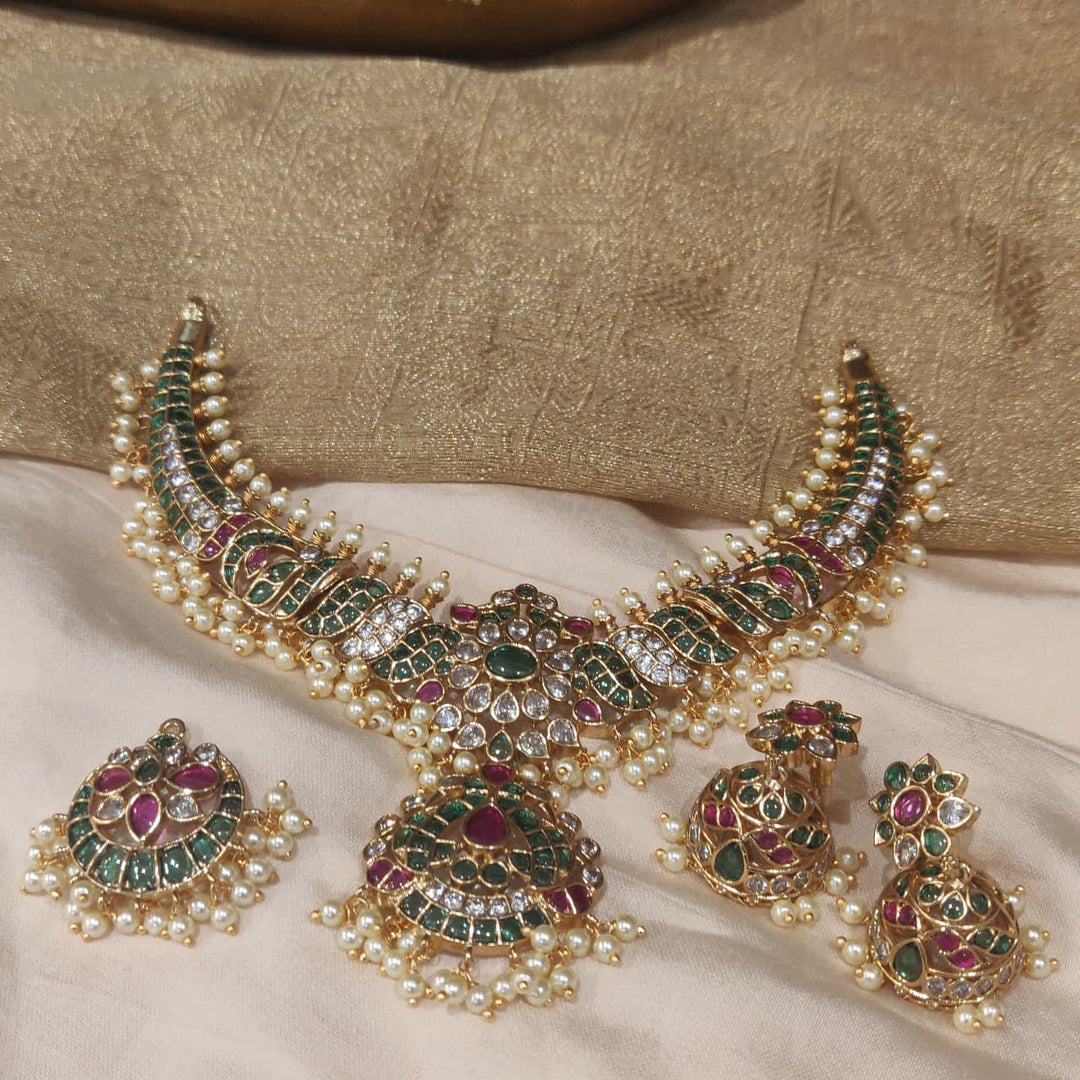 Elegant Floral Ruby Crystal Stone Necklace with White Beads