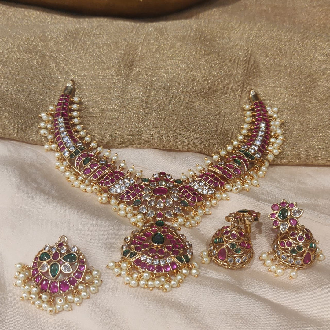 Lustrous Floral Ruby Crystal Stone Necklace with White Beads