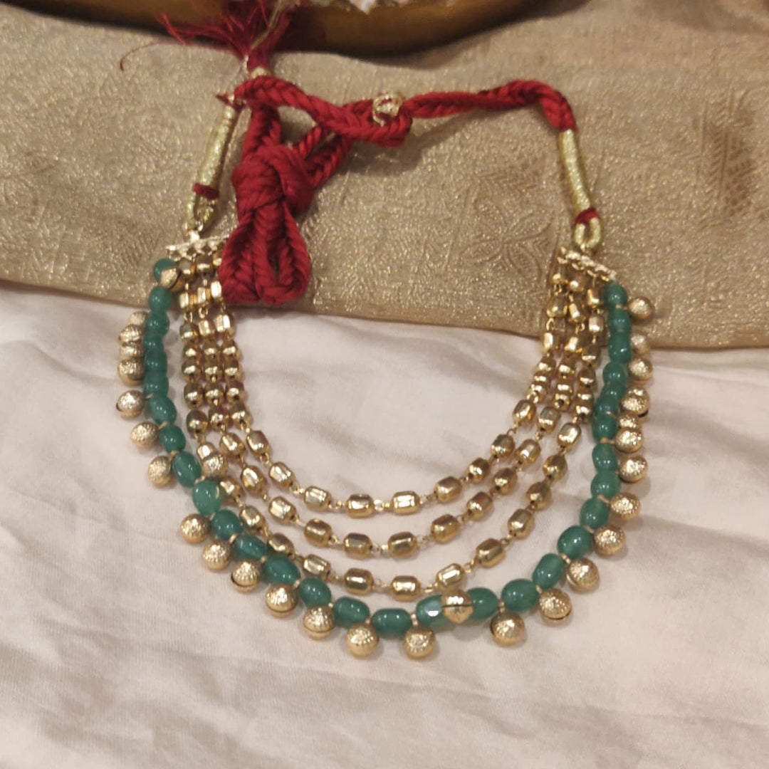 Posh Golden Multilayer Green Stone Necklace