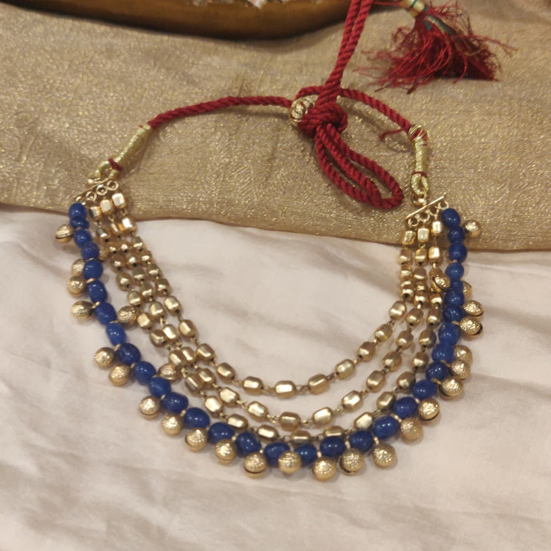 Posh Golden Multilayer Blue Stone Necklace