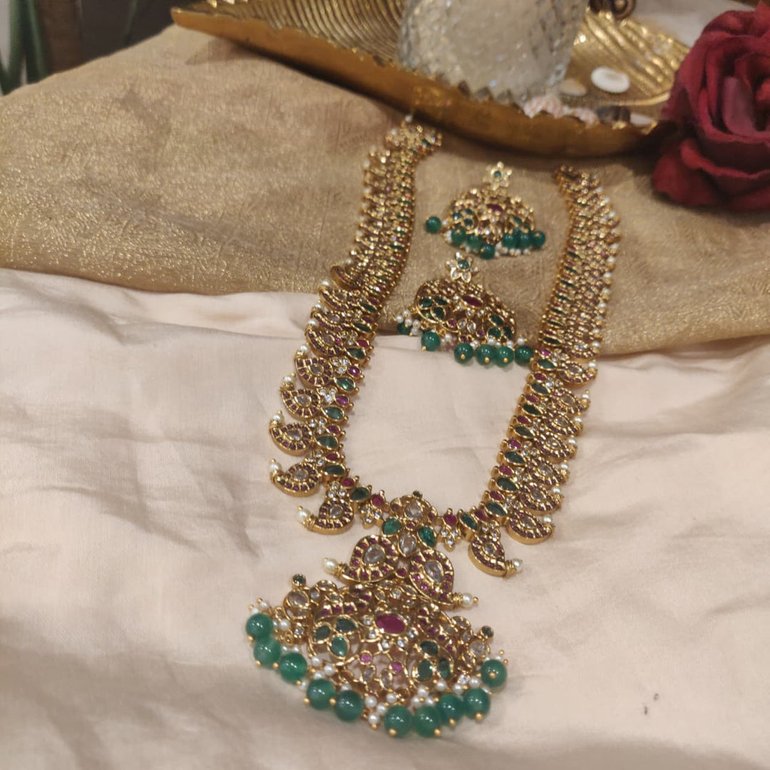 Bespoke Jadau Stone Long Necklace with Green Beads